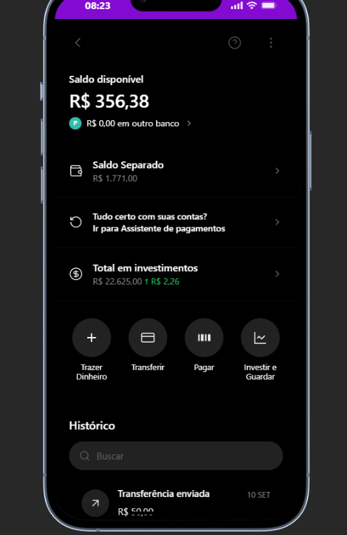 Saldo e histórico no aplicativo Nucash