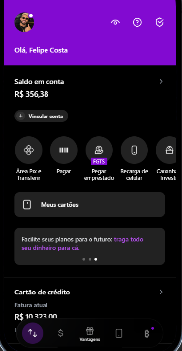 Tela inicial do Nucash com saldo em conta