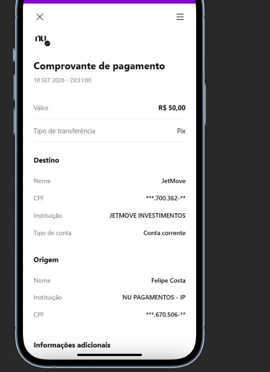 Comprovante de pagamento Pix no Nucash