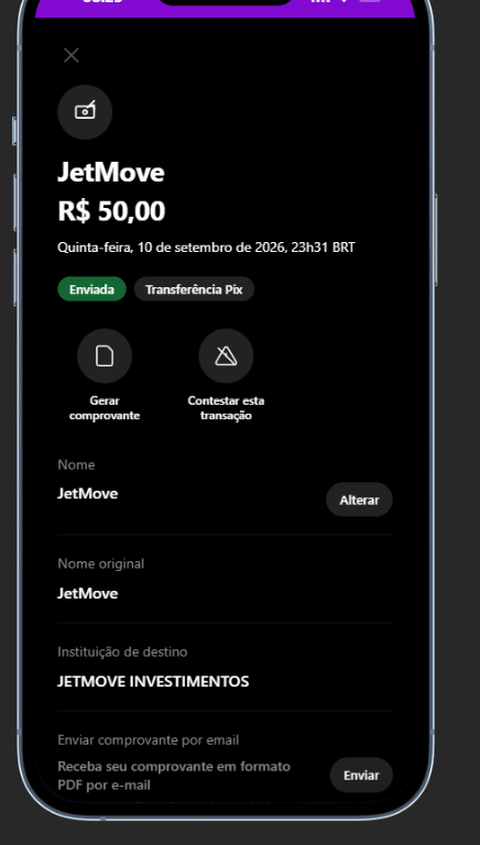 Detalhes de uma transferência Pix no Nucash